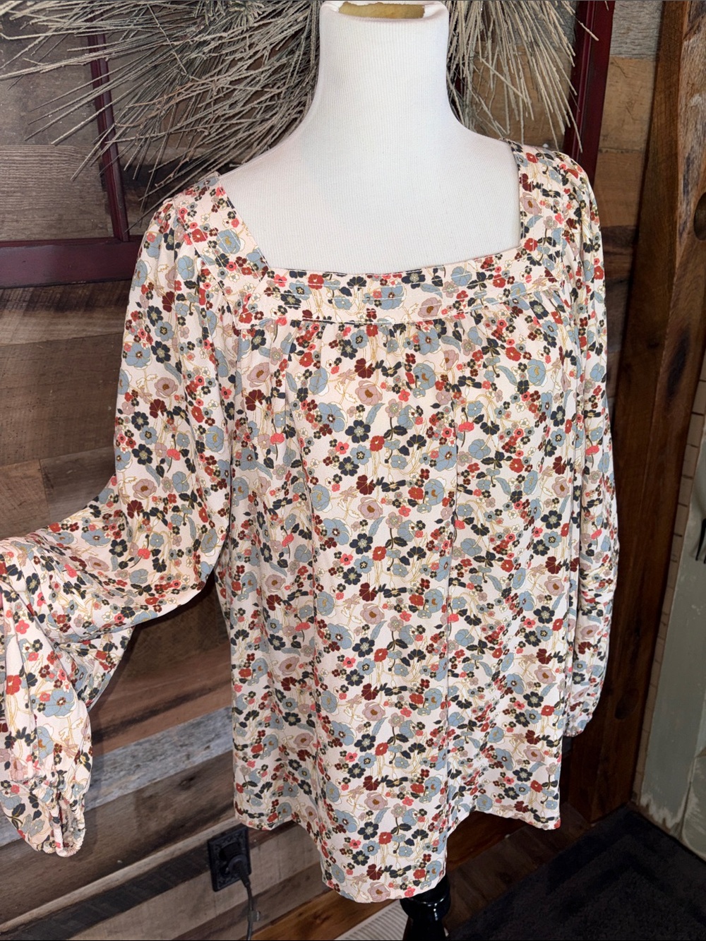 LC Lauren Conrad Cream Floral Blouse with Blue & Coral Accents